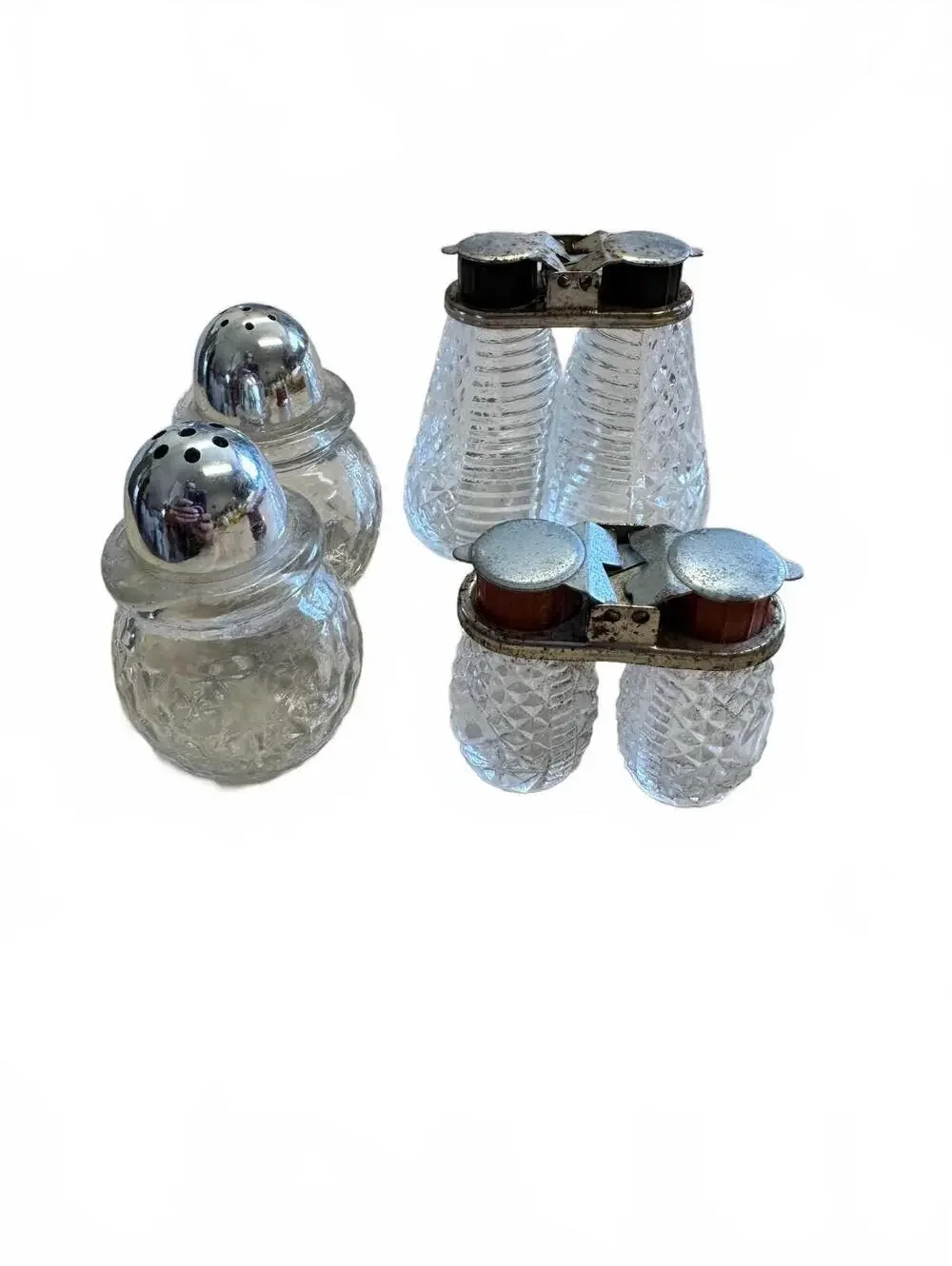 Vintage Glass Salt & Pepper Shakers Lot 3 Sets Metal Tops
